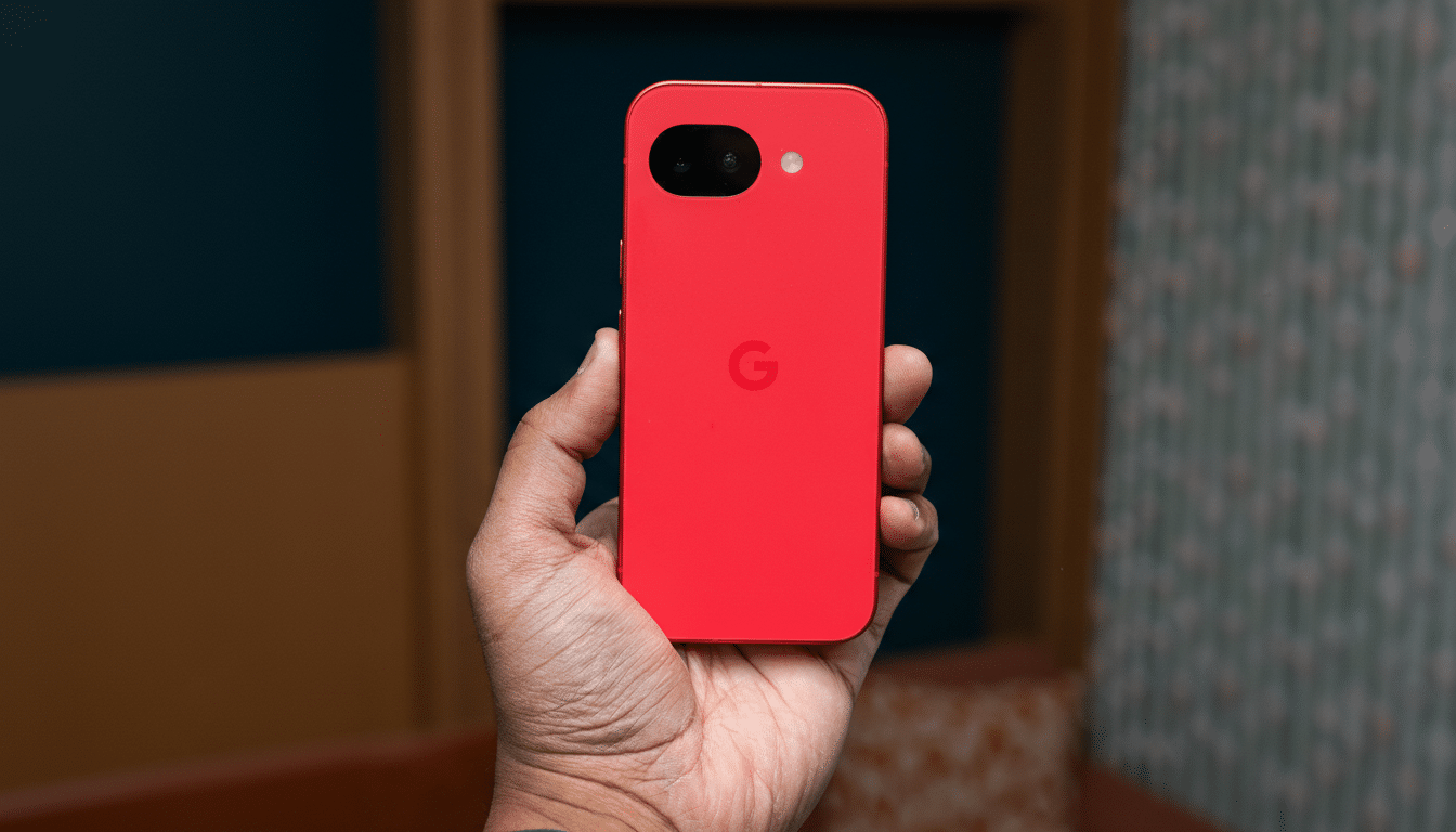 A hand holding a red smartphone with a G logo on the back, resized to a 16:9 aspect ratio.