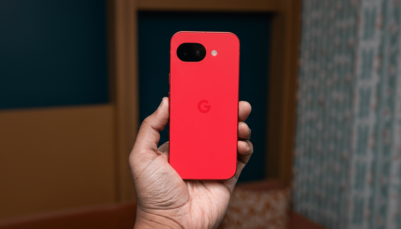 A hand holding a red smartphone with a Google logo on the back, resized to a 16:9 aspect ratio.