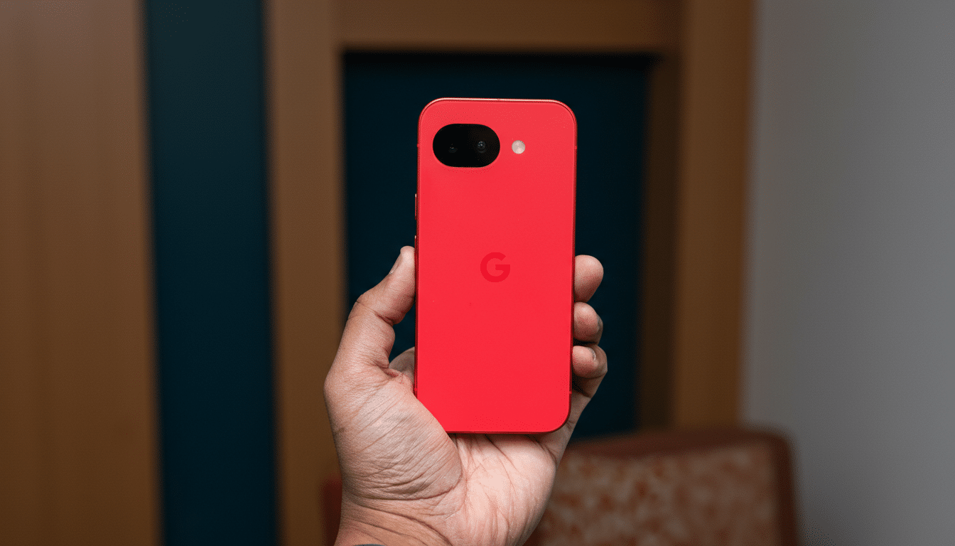A hand holding a red Google Pixel phone, resized to a 16:9 aspect ratio with the original background maintained.
