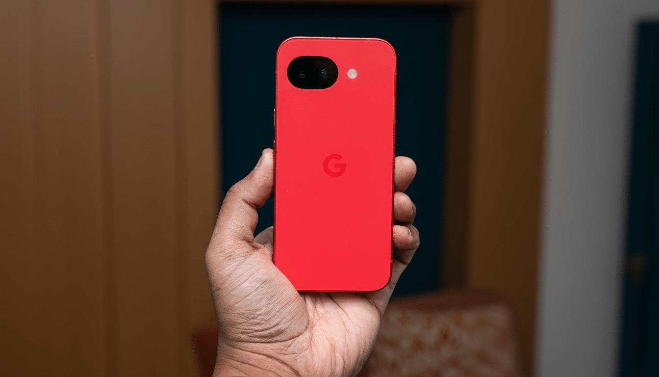 A hand holding a red Google Pixel phone, resized to a 16:9 aspect ratio with the original background maintained.