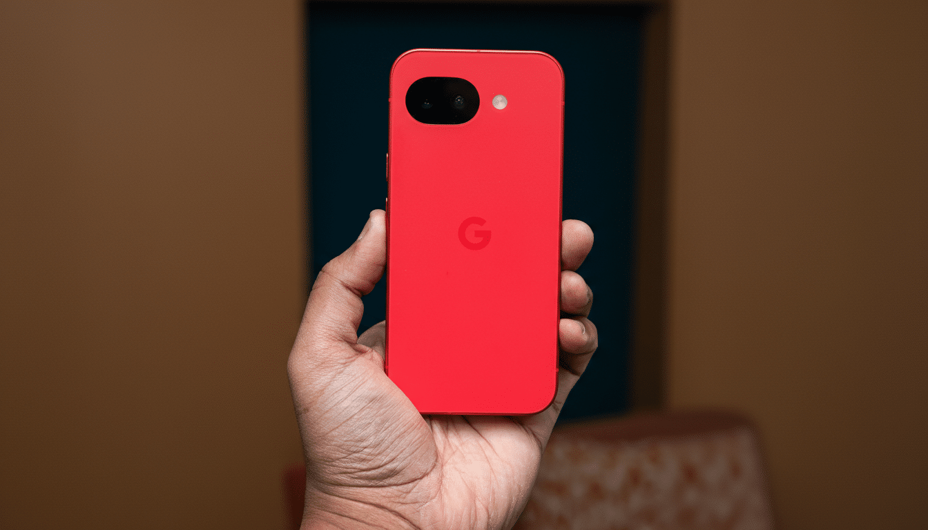A hand holding a red Google Pixel phone, resized to a 16:9 aspect ratio with the original background maintained.