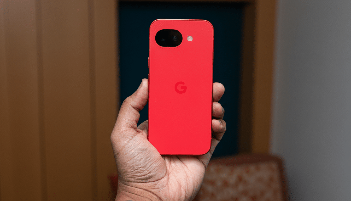 A hand holding a red Google Pixel phone, resized to a 16:9 aspect ratio with the original background maintained.