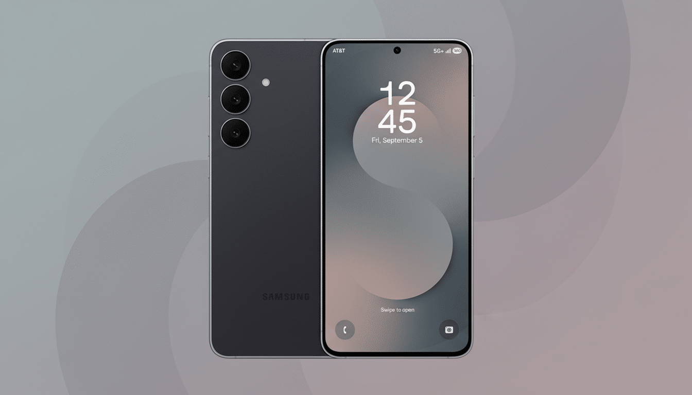 A Samsung smartphone, shown from the front and back, against a professional flat design background with soft patterns and gradients.