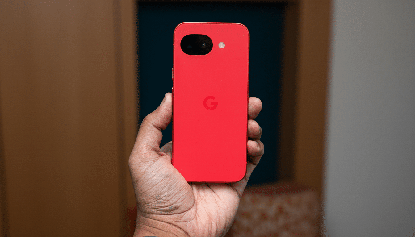 A hand holding a red Google Pixel phone, resized to a 16:9 aspect ratio.