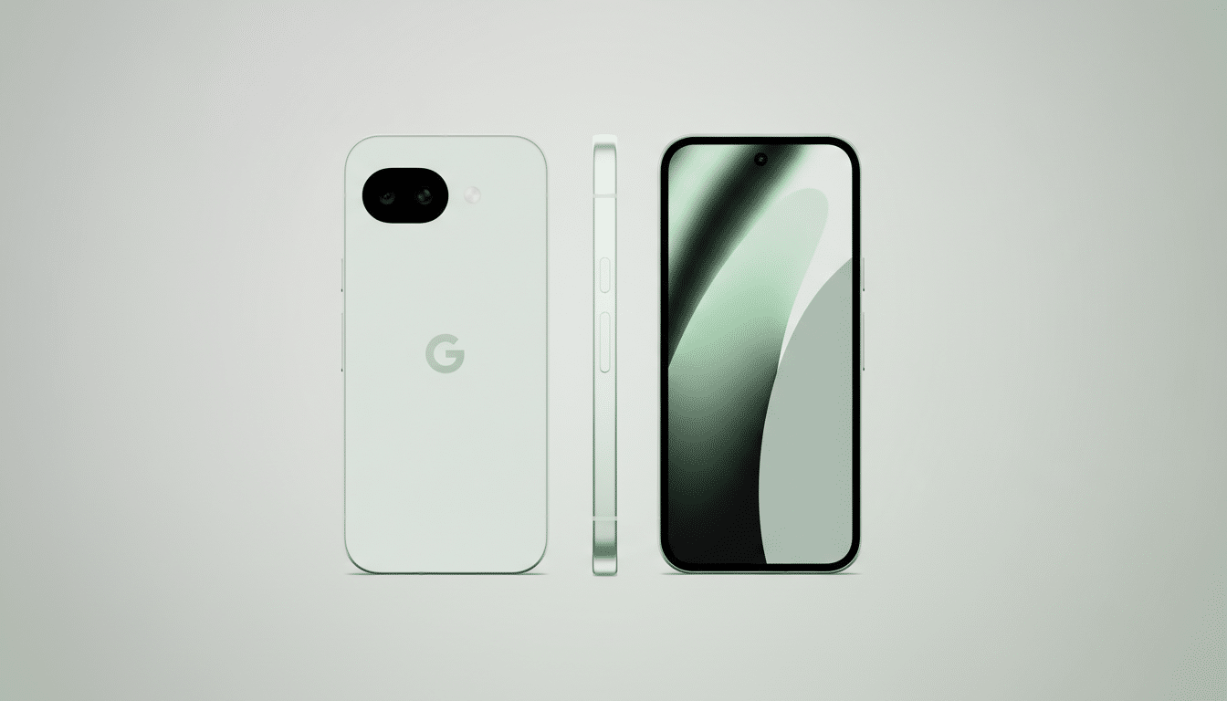 A light green smartphone shown from three angles: back, side, and front, against a soft gray gradient background.