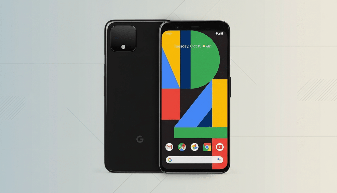 A black Google Pixel 4 smartphone is shown from the front and back, with the front display showing the date and weather, against a professional flat design background with soft patterns and gradients.