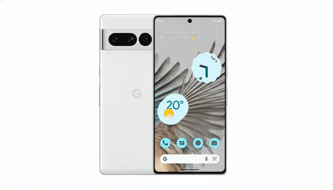 A white Google Pixel 7 Pro smartphone, shown from the front and back, with a clean white background.