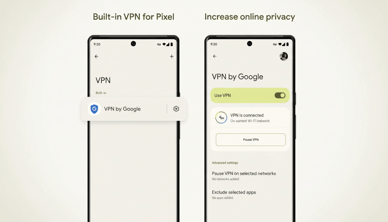 A 16:9 aspect ratio image showing two Pixel phone screens side-by-side, demonstrating the Built-in VPN for Pixel and Increase online privacy features. The left screen shows the VPN settings with VPN by Google highlighted, and the right screen shows the VPN connected status with the Use VPN toggle on. The background is a professional flat design with a soft gradient.
