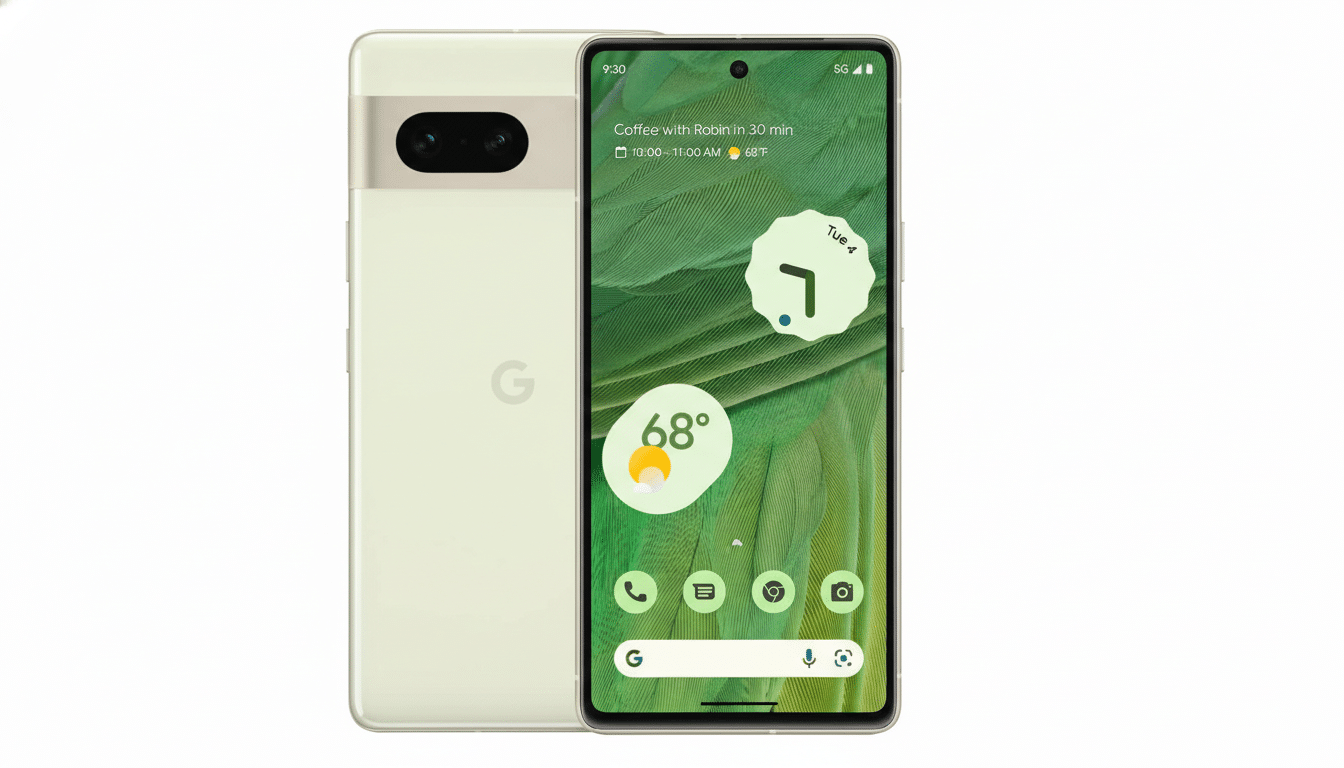 A light green Google Pixel 7 smartphone is displayed at a 16:9 aspect ratio on a clean white background. The phones screen shows the time, weather, and app icons.