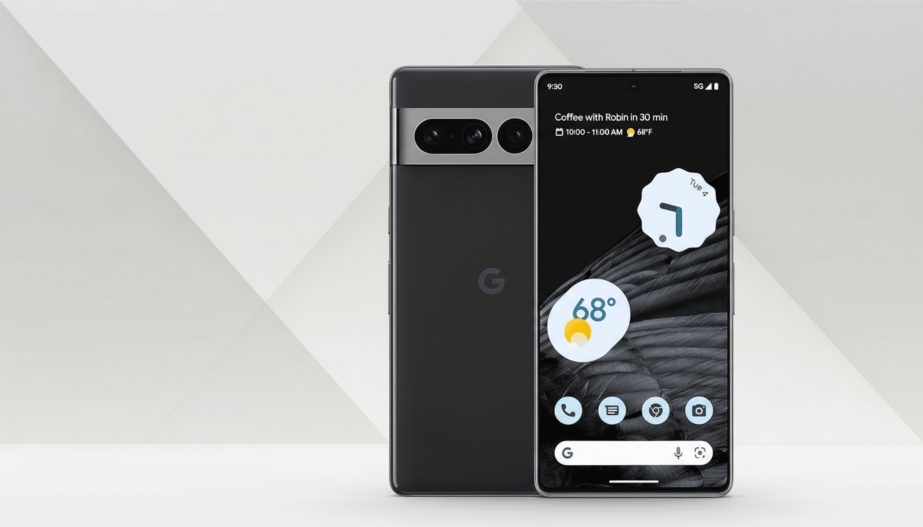 A Google Pixel 7 Pro smartphone in a 16:9 aspect ratio, with a professional flat design background.