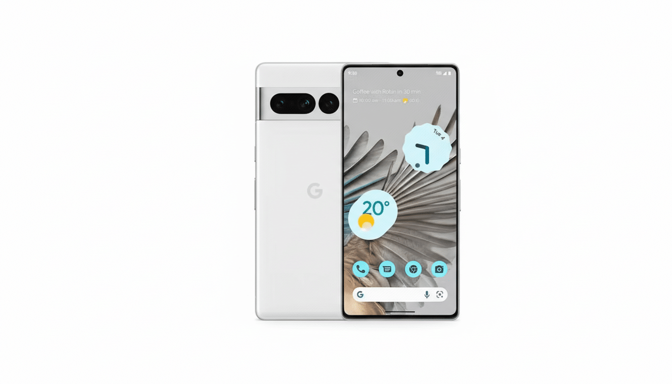 A white Google Pixel 7 Pro smartphone is displayed in a 16:9 aspect ratio. The phone is shown from the front and back, with the screen displaying a weather widget and app icons. The background is a clean, professional white.