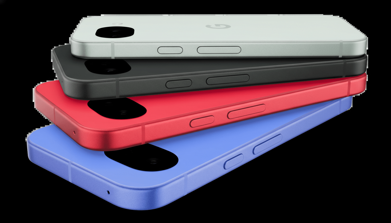 A stack of four Google Pixel phones in different colors: light green, black, red, and blue, presented on a black background.