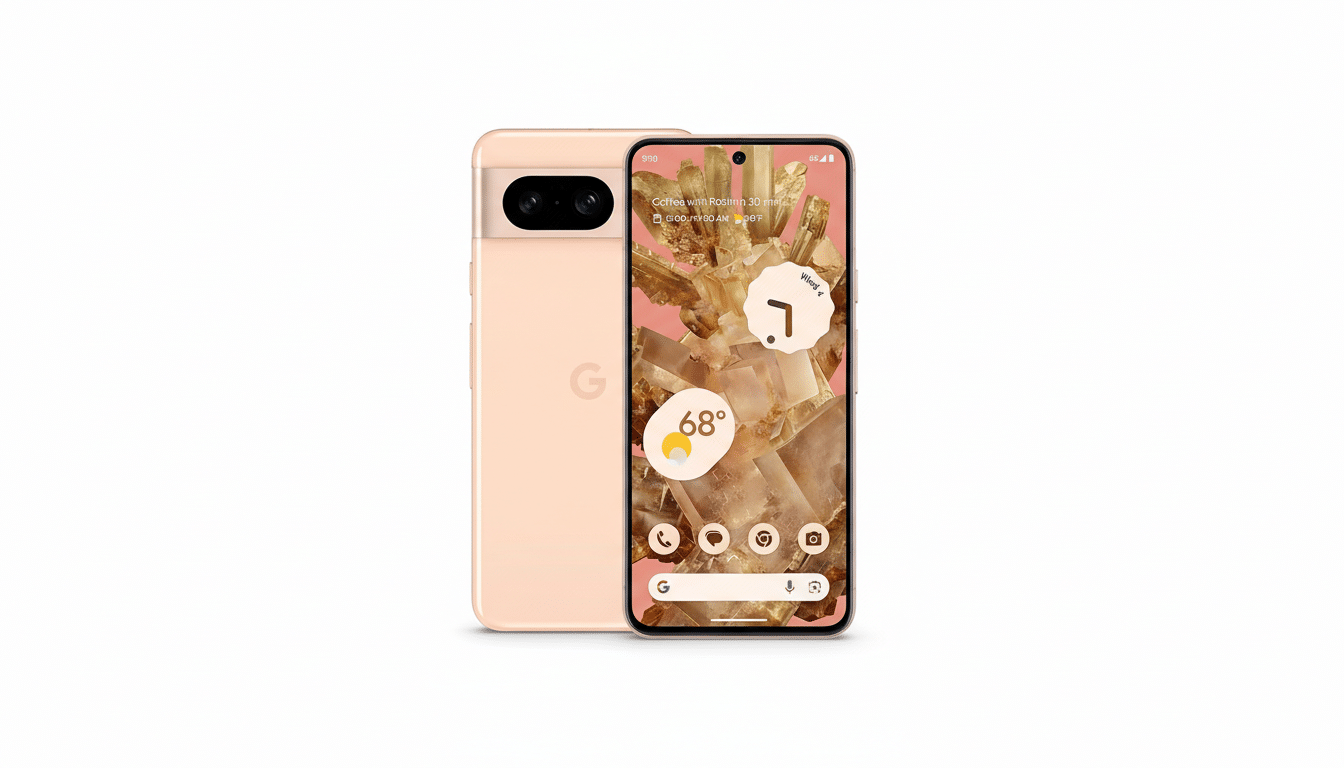 A Google Pixel 7 smartphone in a light peach color, shown from the front and back, against a clean white background. The front screen displays a crystal-like wallpaper with a clock, weather widget, and app icons.
