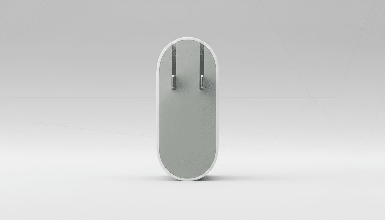 A white and grey oval-shaped power adapter with two prongs, presented on a professional flat design background with soft patterns.