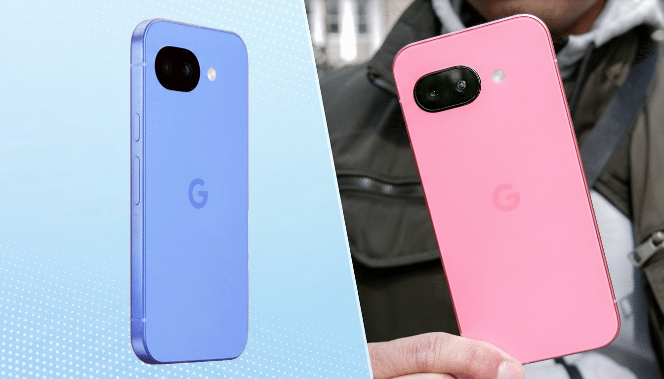 A split image showing two Google Pixel phones. On the left, a lavender phone is shown at an angle against a light blue background with subtle white dots. On the right, a person holds a pink phone, with the background blurred to show a street scene.
