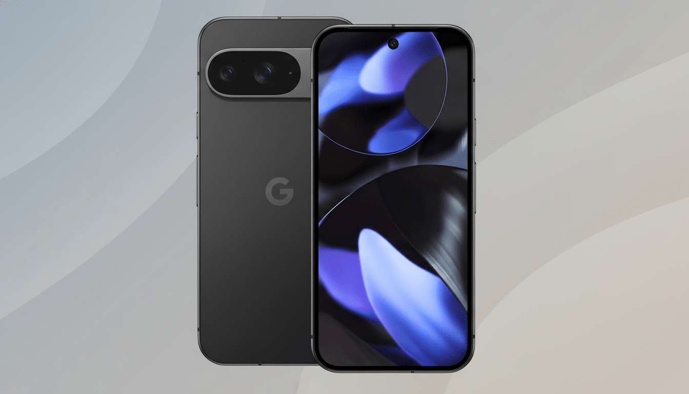 A dark gray smartphone with a Google logo on the back and a screen displaying abstract purple and blue shapes, presented on a professional flat design background with soft gray gradients and subtle patterns.