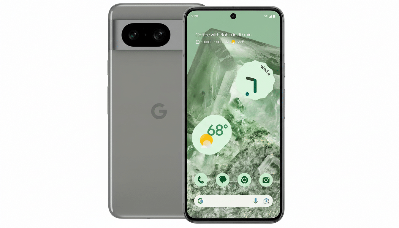 A gray Google Pixel 7 smartphone is displayed at a 16:9 aspect ratio on a clean white background. The front of the phone shows a home screen with a green crystal-like wallpaper, weather widget, and app icons. The back of the phone, also gray, is visible behind it.