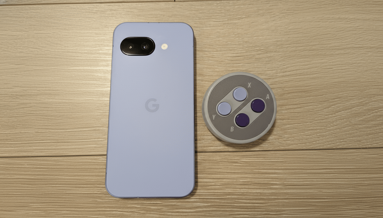 A light purple Google Pixel phone and a circular gray game controller with purple buttons, both resting on a light wooden surface.