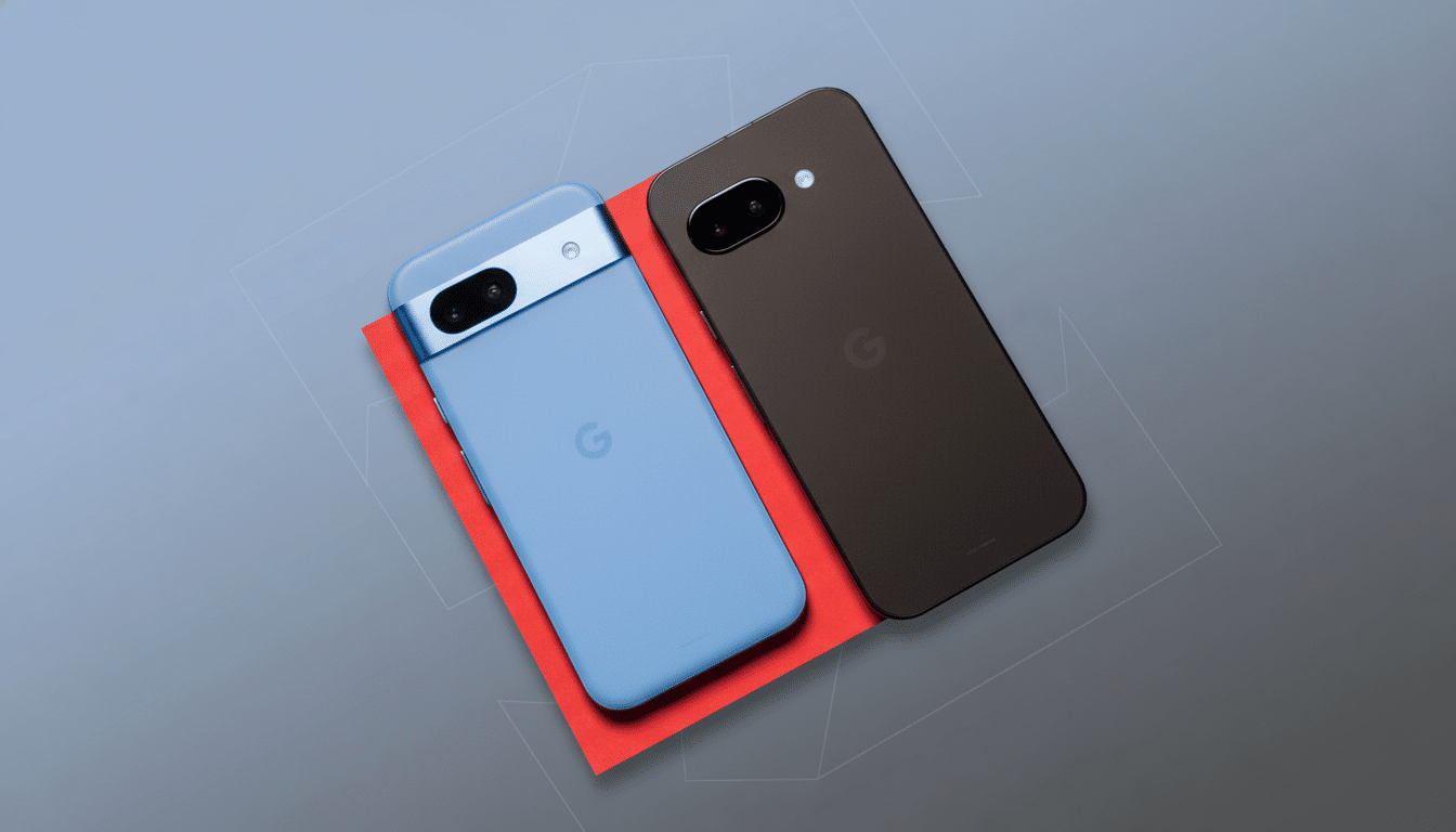 Two Google Pixel phones, one light blue and one black, are displayed on a red card against a professional gray background with subtle geometric patterns.