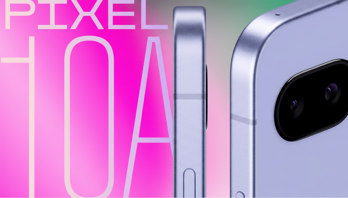 A close-up of a light purple smartphone with PIXEL 10A text on a pink and green gradient background.