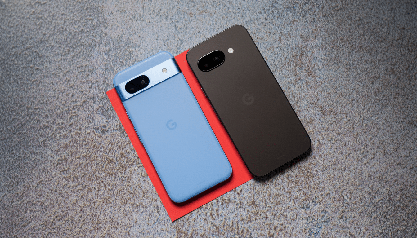 Two Google Pixel phones, one light blue and one black, are displayed on a textured gray surface with a small red paper underneath the blue phone.