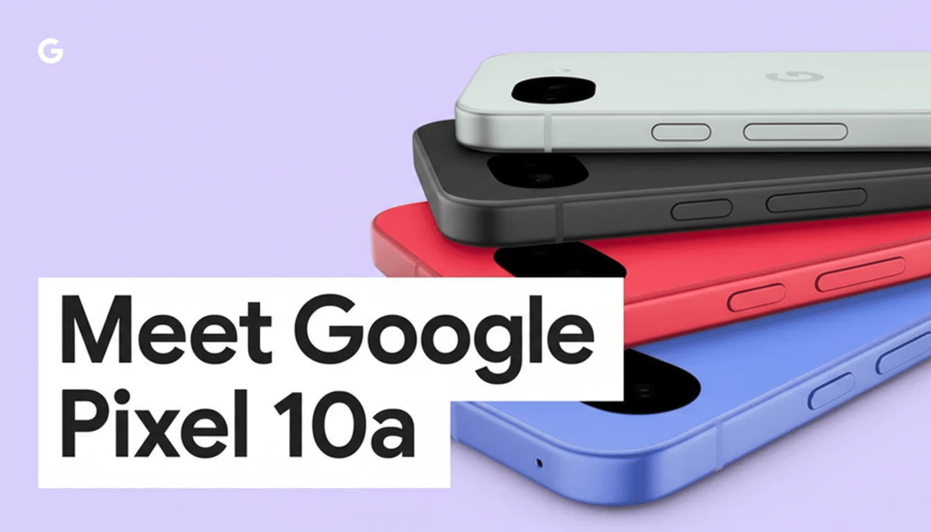 A stack of four Google Pixel 10a phones in different colors (light green, black, red, and blue) on a light purple background, with the text Meet Google Pixel 10a in a white box.