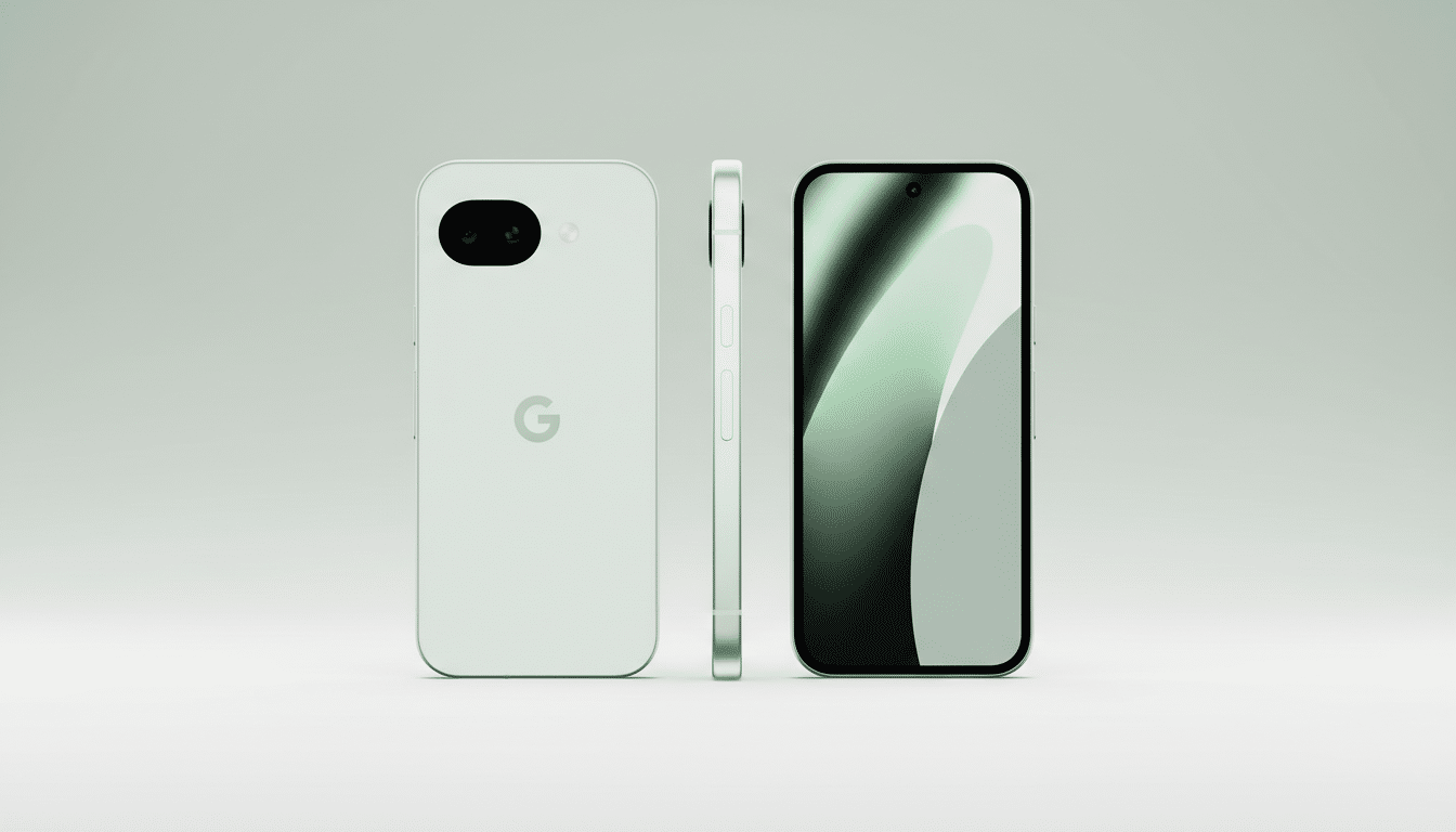 A light green smartphone is shown from three angles: back, side, and front, against a soft gradient background.