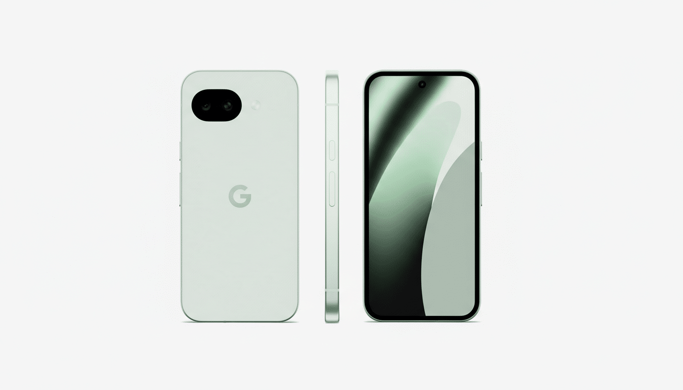 A light green smartphone shown from three angles: back, side, and front, against a clean white background.