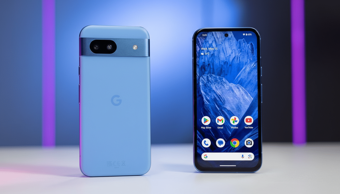 A light blue Google Pixel phone shown from the back and front, with the front display showing the home screen with app icons.