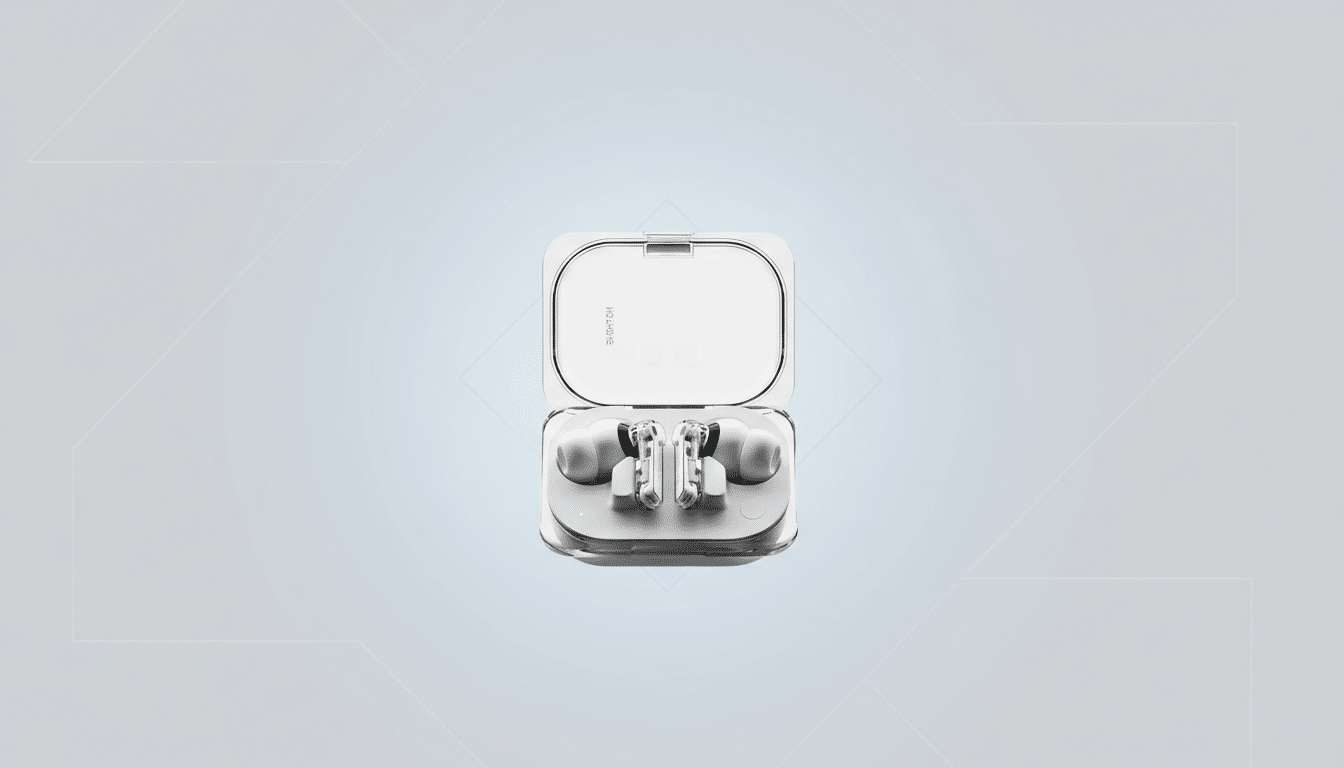 A pair of Nothing Ear (1) wireless earbuds in their open charging case, presented on a professional flat design background with soft patterns and gradients.