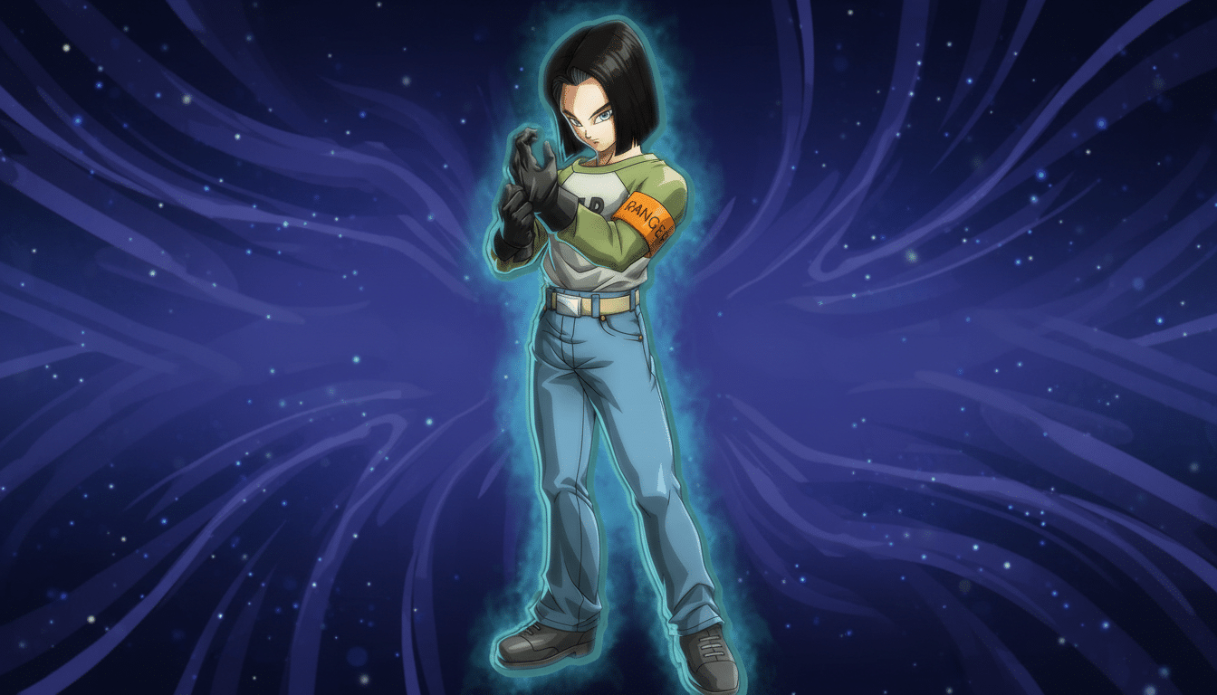 A 16:9 aspect ratio image of Android 17 from Dragon Ball, standing with a blue aura, against a dark blue background with subtle swirling patterns.