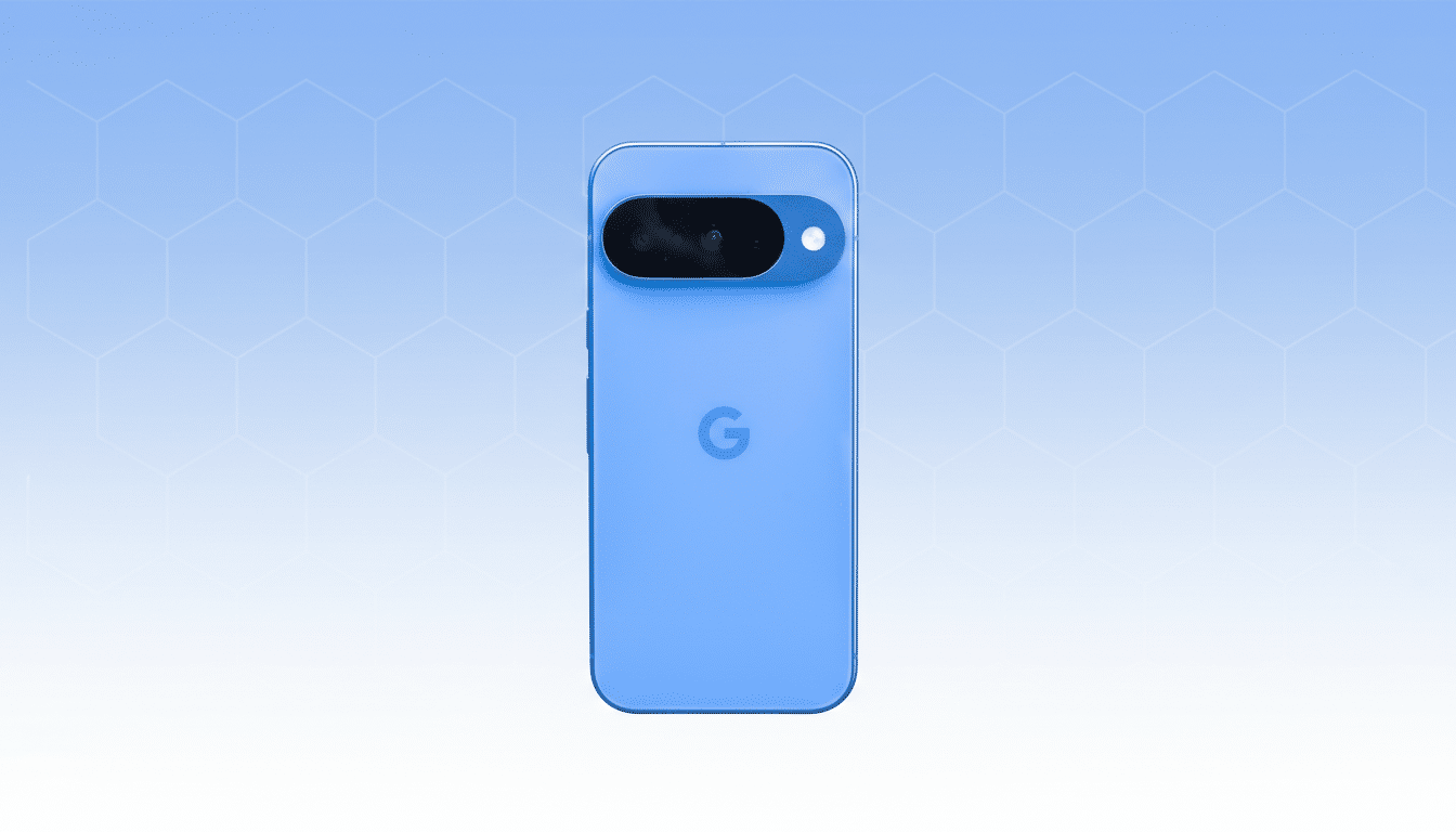 A blue Google Pixel phone is centered on a light blue and white gradient background with a subtle hexagonal pattern.