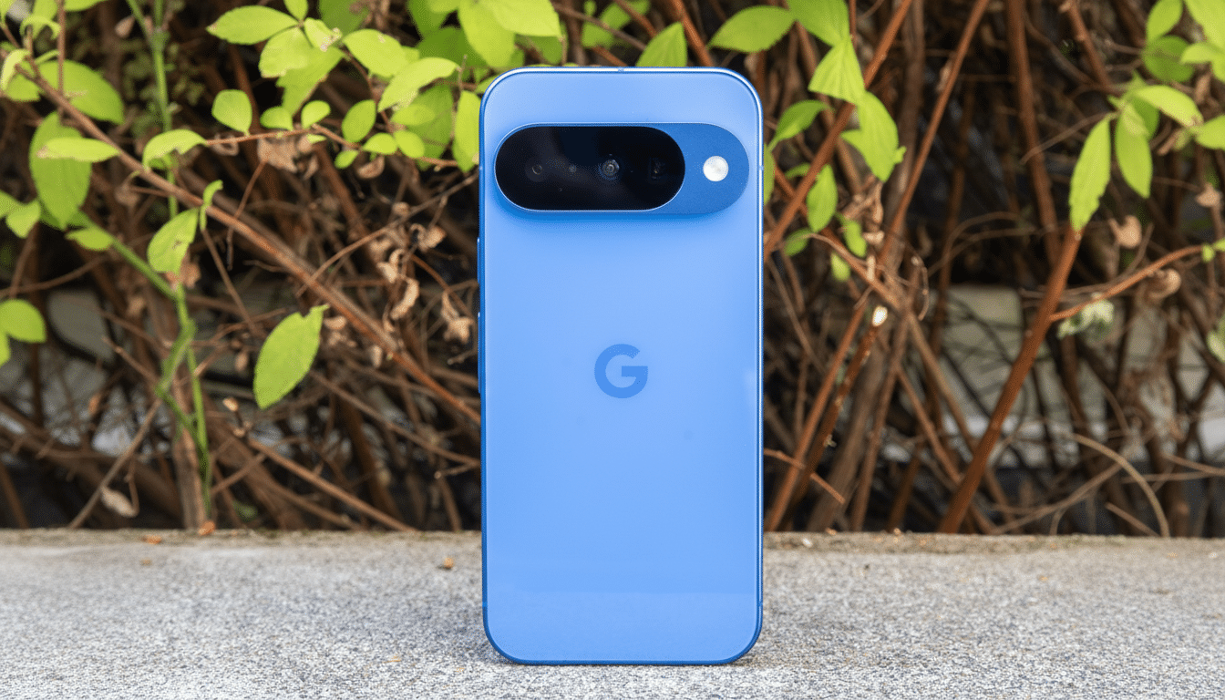 A blue Google Pixel smartphone is shown from the back, standing upright on a concrete surface with green foliage and brown branches in the background.