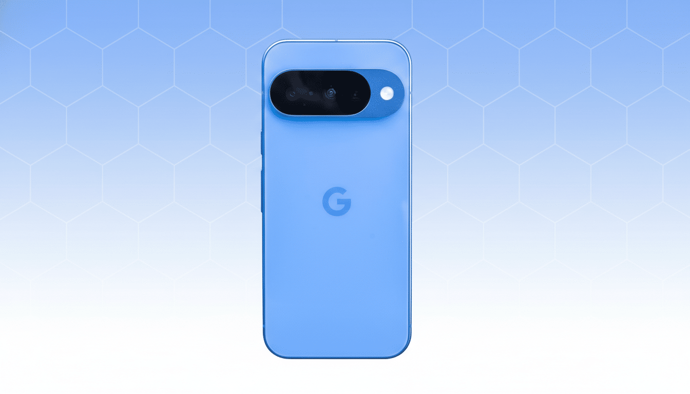 A blue Google Pixel phone is centered on a light blue and white gradient background with a subtle hexagonal pattern.