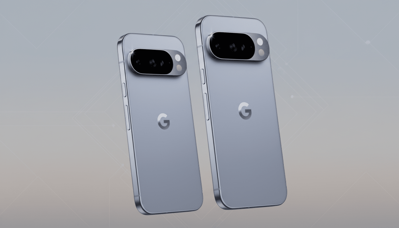 Two light blue Google Pixel phones are displayed at an angle against a soft, gradient background with subtle geometric patterns.