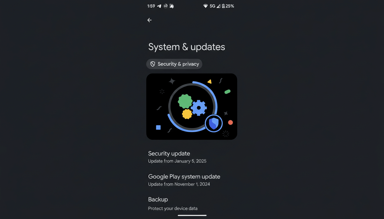A screenshot of the System & updates screen on a mobile device, showing options for Security & privacy, Security update, Google Play system update, and Backup. The screen has been resized to a 16:9 aspect ratio.