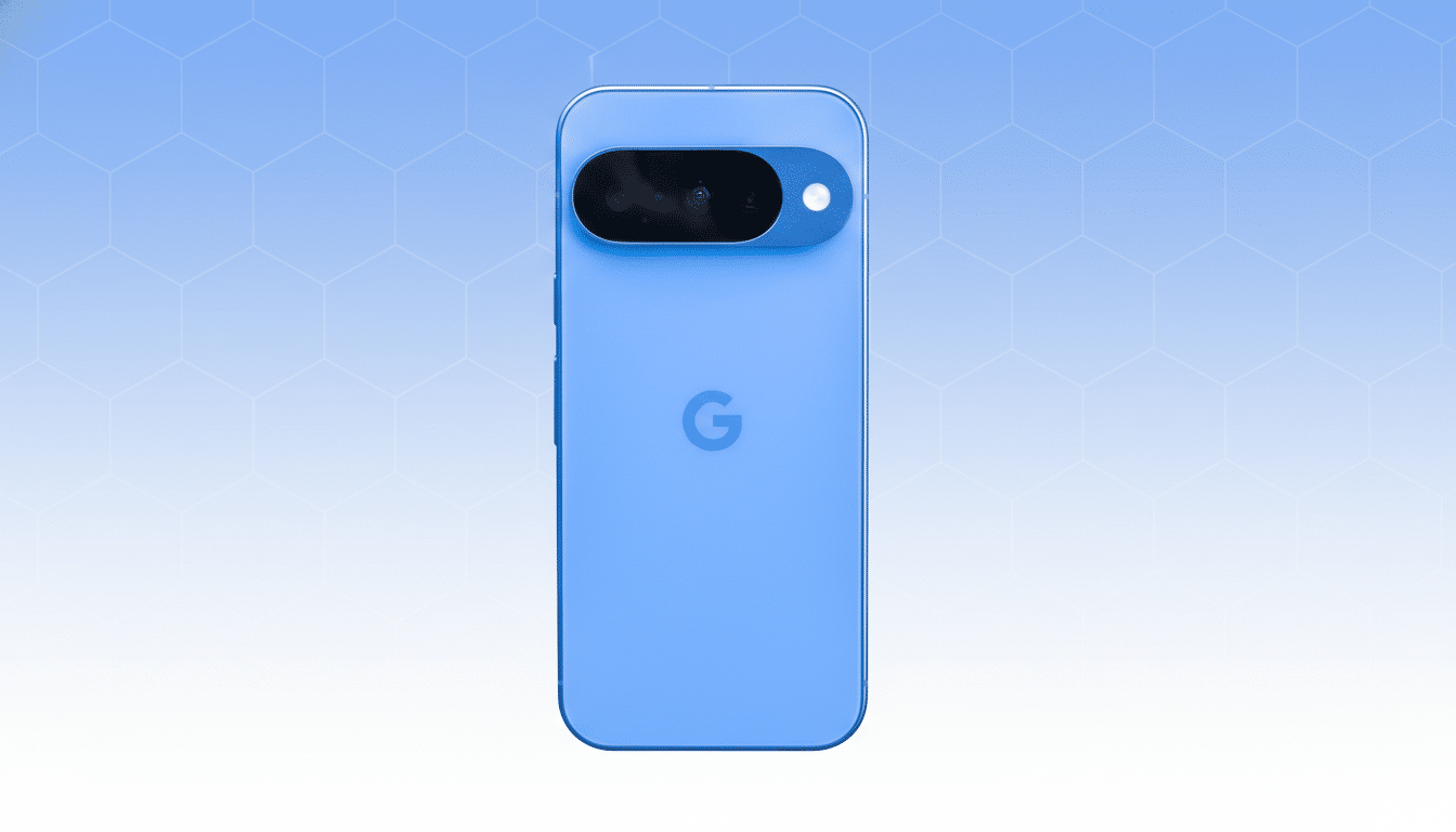 A blue Google Pixel phone is centered on a light blue and white gradient background with a subtle hexagonal pattern.