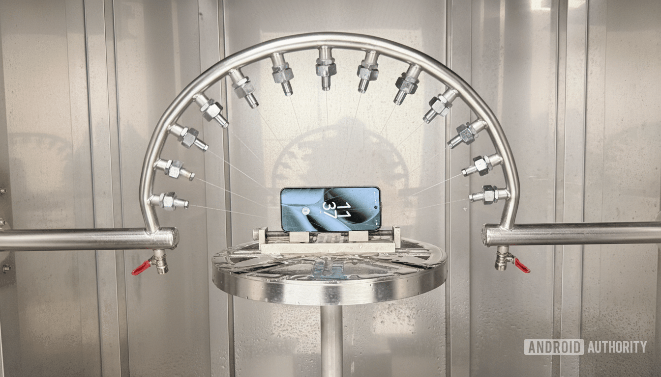 A smartphone undergoing a durability test, being sprayed with water from multiple nozzles.