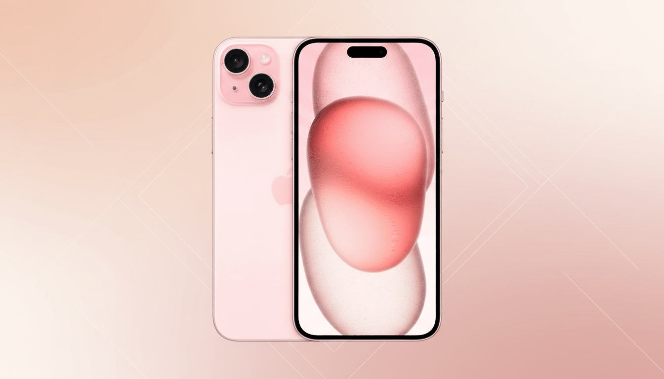 A pink iPhone 14, with its back and screen visible, set against a soft pink gradient background with subtle geometric patterns.