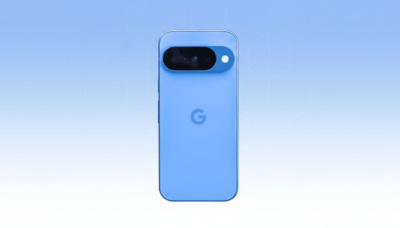 A blue Google Pixel phone is centered on a light blue and white gradient background with a subtle hexagonal pattern.