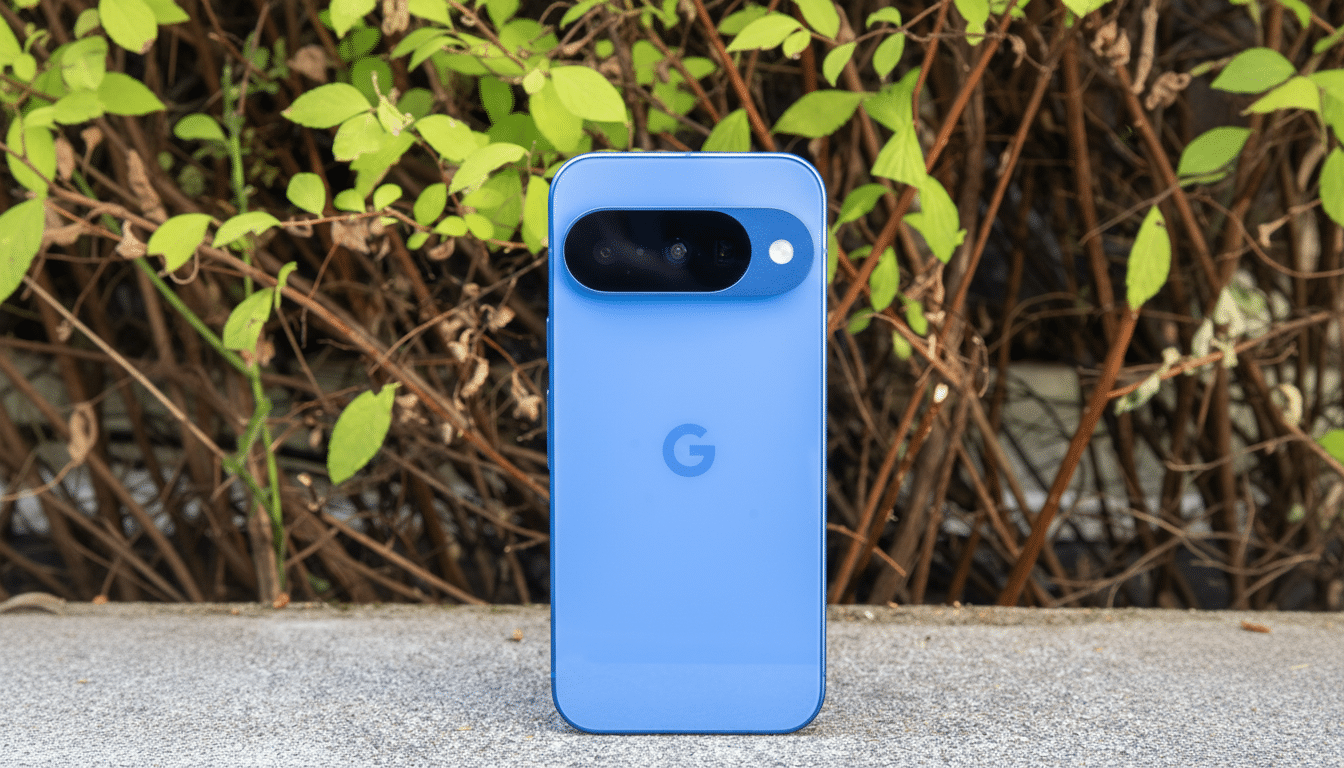 A blue Google Pixel phone is shown from the back, standing upright on a concrete surface with green foliage and brown branches in the background.