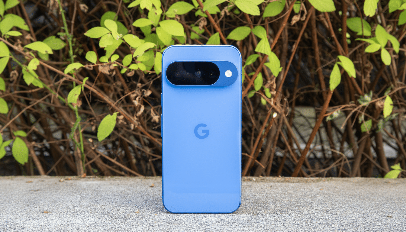 A blue Google Pixel smartphone is shown from the back, resting on a concrete surface with green leaves and brown branches in the background.
