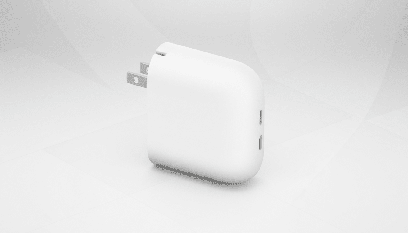 A white power adapter with two USB-C ports and two flat prongs, presented on a professional flat design background with soft gray patterns and gradients.