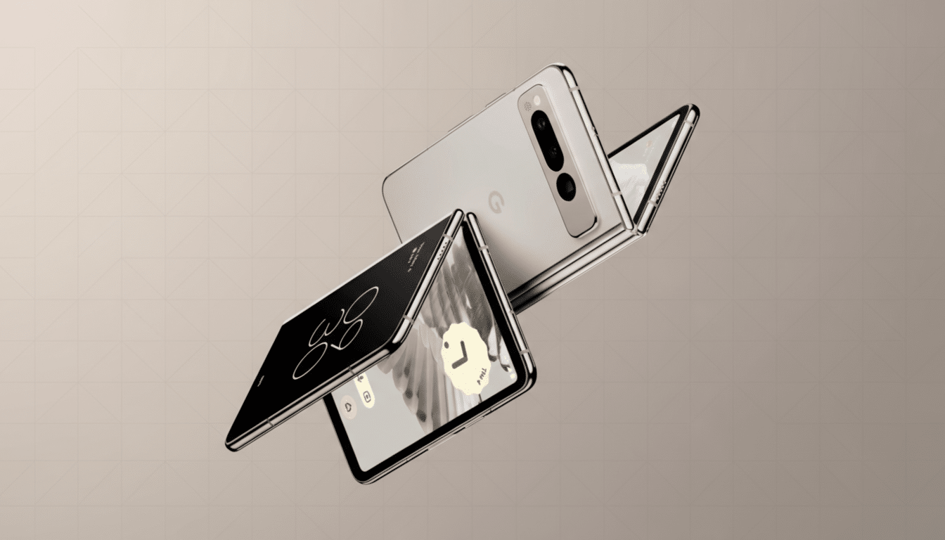 A Google Pixel Fold phone in a professional 16:9 aspect ratio, showcasing its foldable screen and camera array against a soft, patterned background.