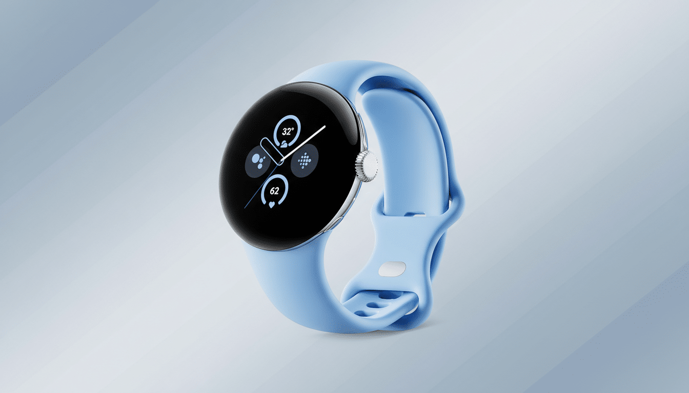 A light blue Google Pixel Watch with a black screen displaying various app icons and data, set against a professional light blue and grey gradient background.