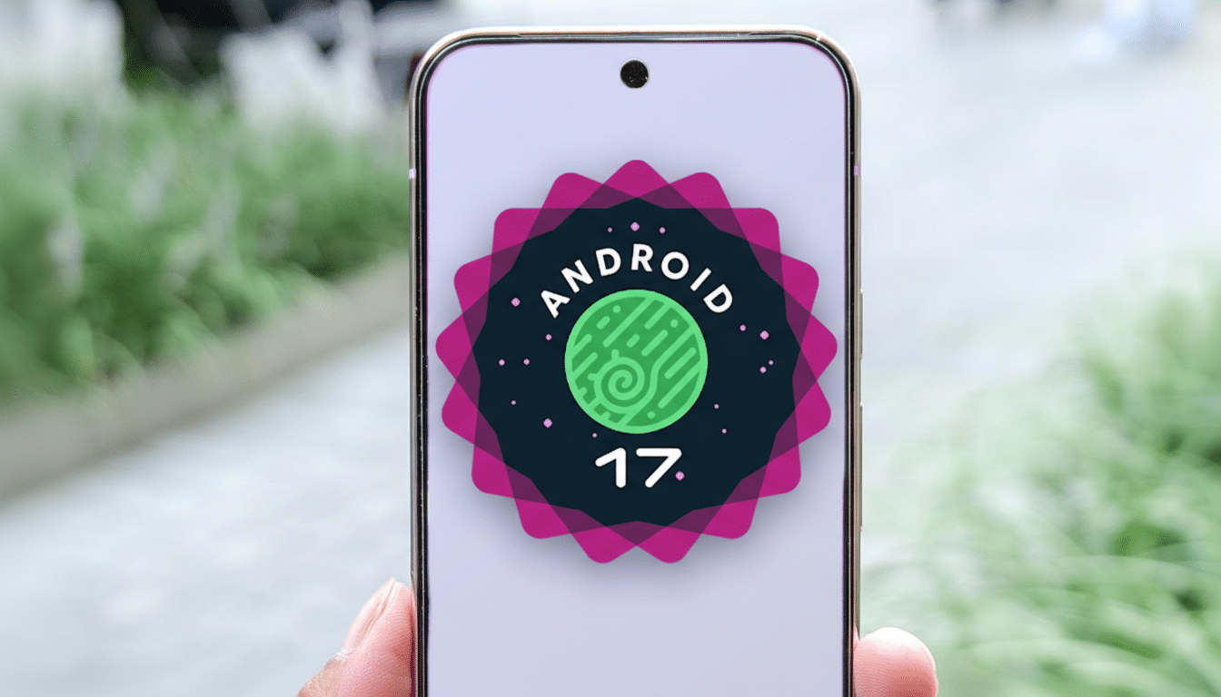 A smartphone displaying the Android 17 logo on its screen, held outdoors with a blurred background of greenery and pavement.