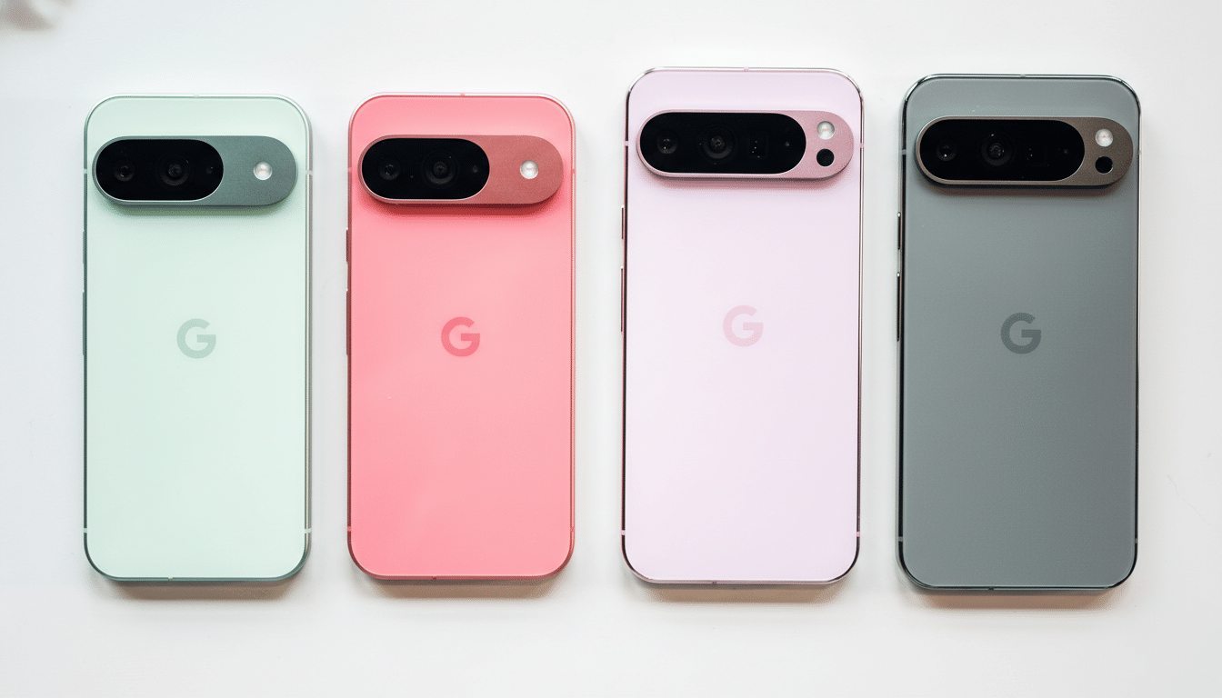 Four Google Pixel phones in different colors (green, pink, light purple, and gray) are arranged in a row on a white surface.