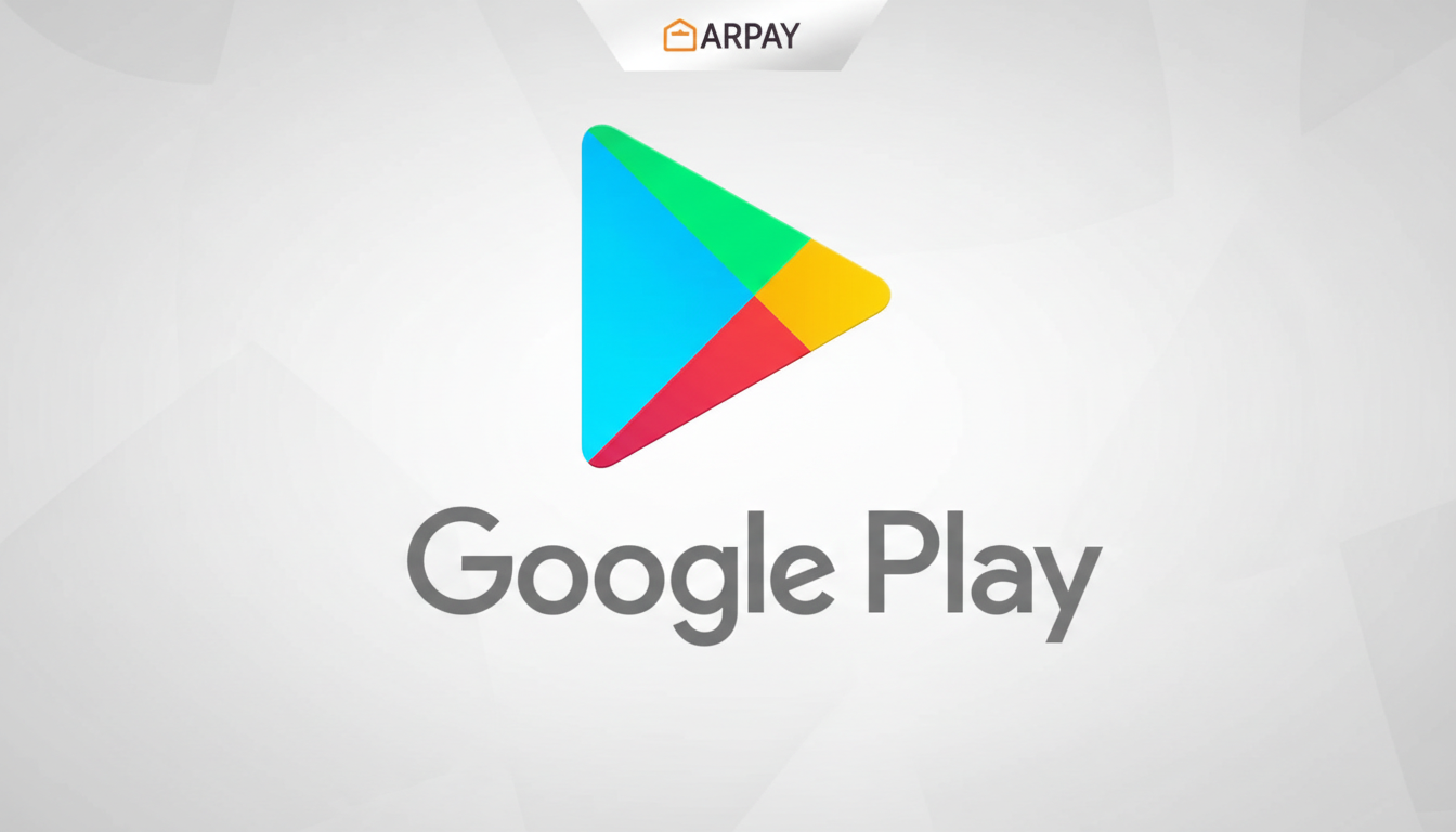 The Google Play logo and text Google Play on a light gray background with a subtle gradient and soft patterns.