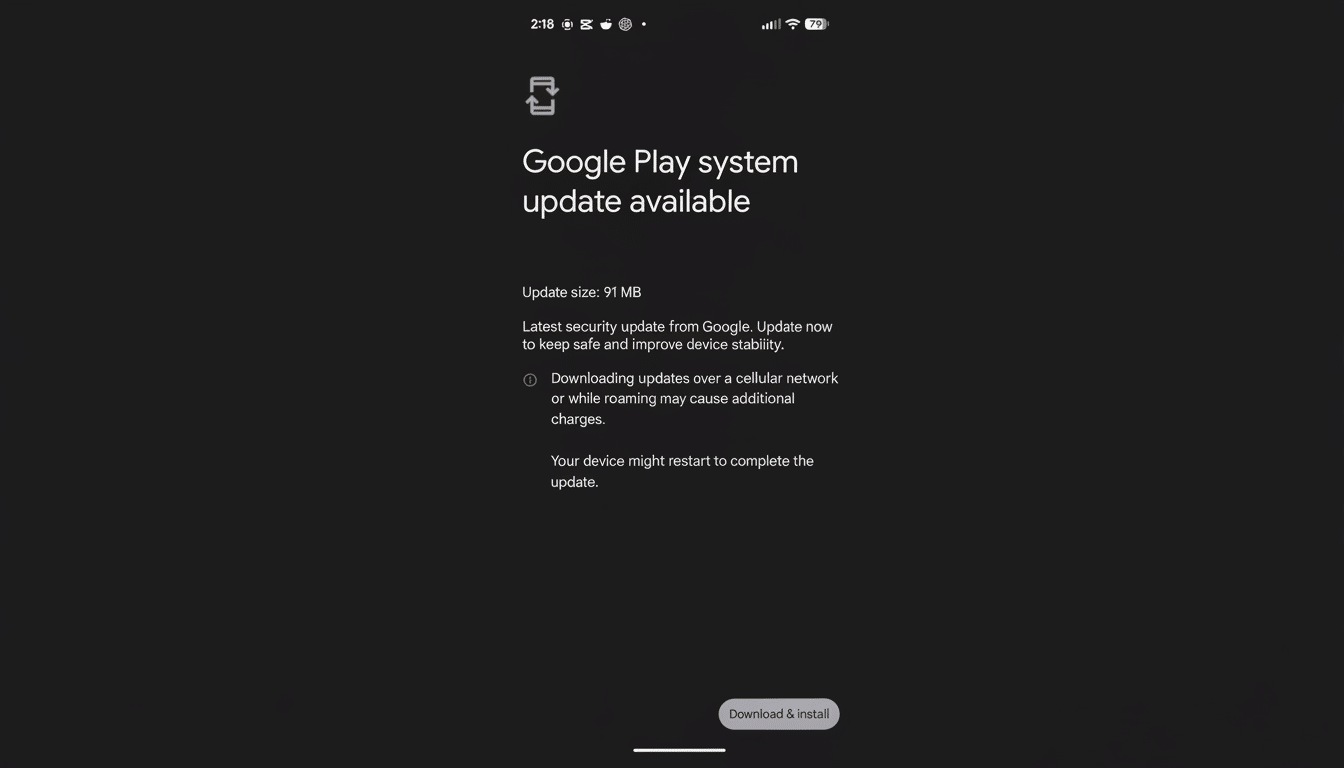 A screenshot of a Google Play system update notification on a dark background, indicating an update is available with a size of 91 MB, and providing details about downloading over cellular networks and potential device restart.