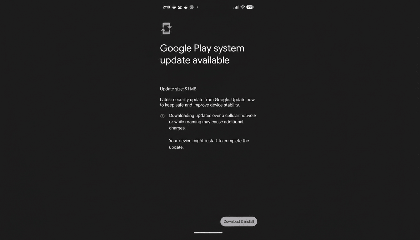 A screenshot of a Google Play system update notification on a dark background, indicating an update is available for download and install.